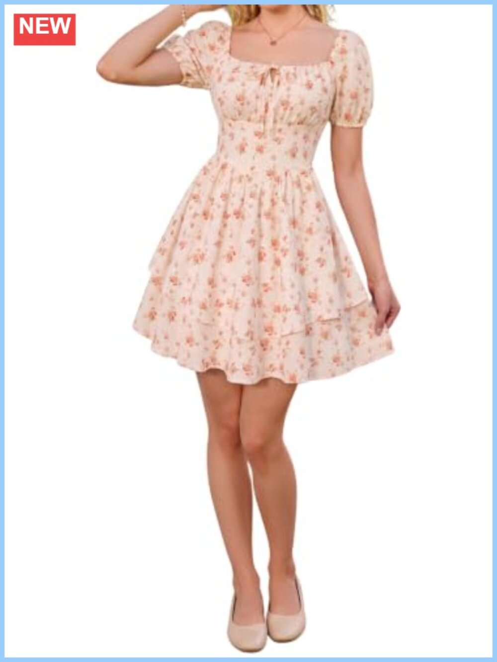 Floral Corset Mini Sundress Square Neck Short Sleeve A-Line Dress w Pockets